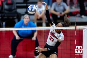 Nebraska Cornhusker outside hitter Harper Murray (27) spikes the ball against the LIU Sharks in the second set during the first round of the NCAA volleyball tournament on Friday, Dec. 5, 2025, in Lincoln, Nebraska. Photo by John S. Peterson.