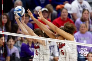 Nebraska Cornhusker setter Bergen Reilly (2) blocked the ball against the LIU Sharks in the first set during the first round of the NCAA volleyball tournament on Friday, Dec. 5, 2025, in Lincoln, Nebraska. Photo by John S. Peterson.