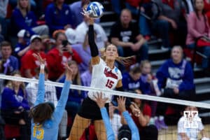 Nebraska Cornhusker middle blocker Andi Jackson (15) spikes the ball against the LIU Sharks during the first round of the NCAA volleyball tournament on Friday, Dec. 5, 2025, in Lincoln, Nebraska. Photo by John S. Peterson.