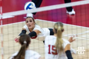 Nebraska Cornhusker defensive specialist Laney Choboy (6) dives for a save against the LIU Sharks in the first set during the first round of the NCAA volleyball tournament on Friday, Dec. 5, 2025, in Lincoln, Nebraska. Photo by John S. Peterson.
