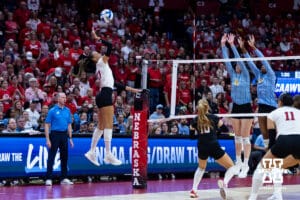 Nebraska Cornhusker outside hitter Harper Murray (27) spikes the ball against the LIU Sharks in the first set during the first round of the NCAA volleyball tournament on Friday, Dec. 5, 2025, in Lincoln, Nebraska. Photo by John S. Peterson.