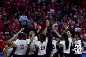 Nebraska Cornhuskers huddle up before taking on the LIU Sharks during the first round of the NCAA volleyball tournament on Friday, Dec. 5, 2025, in Lincoln, Nebraska. Photo by John S. Peterson.
