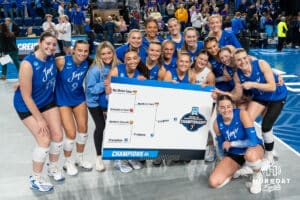 Creighton Bluejays pose with the bracket after a volleyball match game against Northern Iowa on Thursday, Dec 5, 2025, in Omaha, Nebraska. Photo by Brandon Tiedemann.
