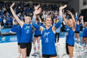 Creighton Bluejay Ava Martin (8)] waves to the crowd after a volleyball match game against Northern Iowa on Thursday, Dec 5, 2025, in Omaha, Nebraska. Photo by Brandon Tiedemann.