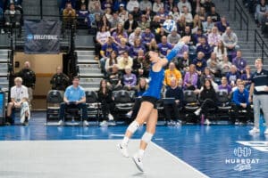 Creighton Bluejay Ava Martin (8) dives for the ball during a volleyball match game against Northern Iowa on Thursday, Dec 5, 2025, in Omaha, Nebraska. Photo by Brandon Tiedemann.