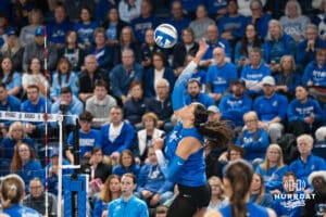 Creighton Bluejay Jaya Johnson (6) swings for the ball during a volleyball match game against Northern Iowa on Thursday, Dec 5, 2025, in Omaha, Nebraska. Photo by Brandon Tiedemann.