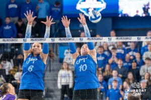 Creighton Bluejays Jaya Johnson (6) and Eloise Brandewie (10) go up for a block during a volleyball match game against Northern Iowa on Thursday, Dec 5, 2025, in Omaha, Nebraska. Photo by Brandon Tiedemann.