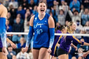 Creighton Bluejay Eloise Brandewie (10) cheers after a block during a volleyball match game against Northern Iowa on Thursday, Dec 5, 2025, in Omaha, Nebraska. Photo by Brandon Tiedemann.