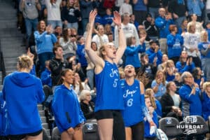 Creighton Bluejay Kiara Reinhardt (5) hypes up the crowd during a volleyball match game against Northern Iowa on Thursday, Dec 5, 2025, in Omaha, Nebraska. Photo by Brandon Tiedemann.