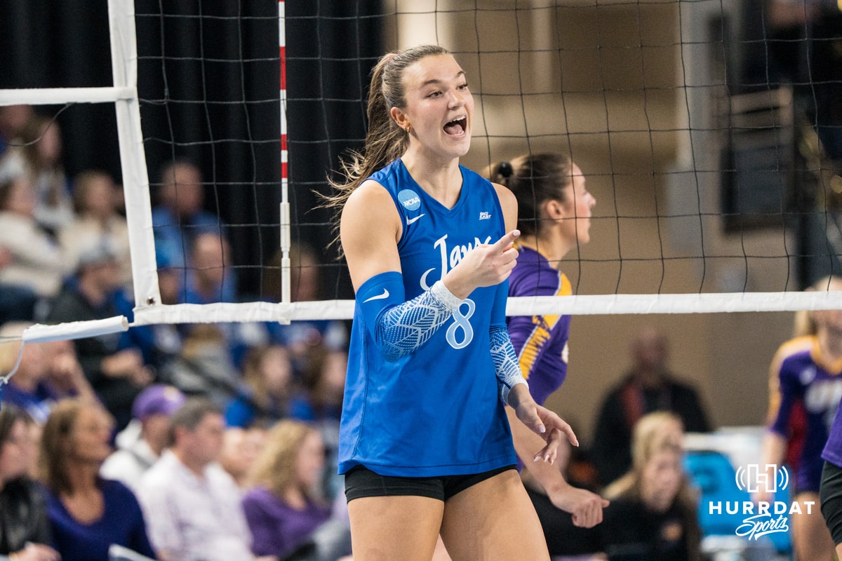 Creighton Bluejay Ava Martin (8) smiles after a kill during a volleyball match game against Northern Iowa on Thursday, Dec 5, 2025, in Omaha, Nebraska. Photo by Brandon Tiedemann.