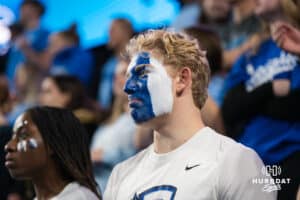 Creighton Bluejay fan looks upset after a challenge call during a volleyball match game against Northern Iowa on Thursday, Dec 5, 2025, in Omaha, Nebraska. Photo by Brandon Tiedemann.