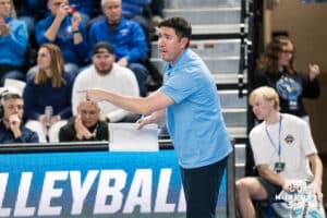 Creighton Bluejay head coach Brian Rosen talks to his team during a volleyball match game against Northern Iowa on Thursday, Dec 5, 2025, in Omaha, Nebraska. Photo by Brandon Tiedemann.