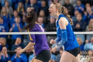 Creighton Bluejay Annalea Maeder (17) cheers after a point during a volleyball match game against Northern Iowa on Thursday, Dec 5, 2025, in Omaha, Nebraska. Photo by Brandon Tiedemann.