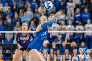 Creighton Bluejay Annalea Maeder (17) dives for the ball during a volleyball match game against Northern Iowa on Thursday, Dec 5, 2025, in Omaha, Nebraska. Photo by Brandon Tiedemann.