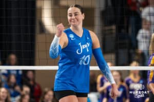 Creighton Bluejay Eloise Brandewie (10) smiles after a score during a volleyball match game against Northern Iowa on Thursday, Dec 5, 2025, in Omaha, Nebraska. Photo by Brandon Tiedemann.