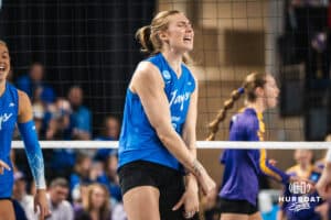 Creighton Bluejay Kiara Reinhardt (5) cheers after a block during a volleyball match game against Northern Iowa on Thursday, Dec 5, 2025, in Omaha, Nebraska. Photo by Brandon Tiedemann.