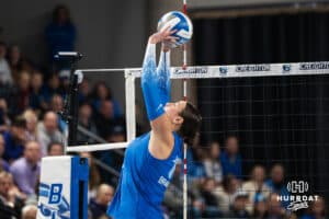 Creighton Bluejay Eloise Brandewie (10) sets the ball during a volleyball match game against Northern Iowa on Thursday, Dec 5, 2025, in Omaha, Nebraska. Photo by Brandon Tiedemann.