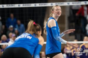 Creighton Bluejay Annalea Maeder (17) claps for her teammates during a volleyball match game against Northern Iowa on Thursday, Dec 5, 2025, in Omaha, Nebraska. Photo by Brandon Tiedemann.
