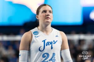 Creighton Bluejay Sydney Breissinger (24) waits to serve during a volleyball match game against Northern Iowa on Thursday, Dec 5, 2025, in Omaha, Nebraska. Photo by Brandon Tiedemann.