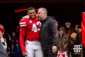 Nebraska Cornhusker linebacker Michael Booker III (43) poses for a photo with head coach Matt Rhule for senior day before a college football game against the Iowa Hawkeyes on Friday, Nov. 28, 2025, in Lincoln, Nebraska. Photo by John S. Peterson.