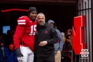 Nebraska Cornhusker linebacker Dasan McCullough (15) poses for a photo with head coach Matt Rhule for senior day before a college football game against the Iowa Hawkeyes on Friday, Nov. 28, 2025, in Lincoln, Nebraska. Photo by John S. Peterson.
