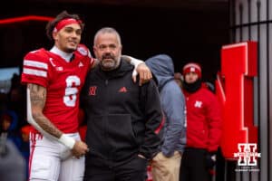 Nebraska Cornhusker wide receiver Dane Key (6) and head coach Matt Rhule pose for a photo for Senior Day during a college football game against the Iowa Hawkeyes on Friday, Nov. 28, 2025, in Lincoln, Nebraska. Photo by John S. Peterson.