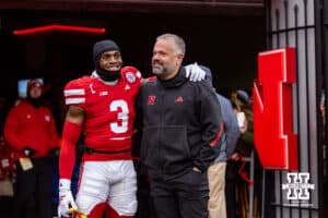 Nebraska Cornhusker defensive back Marques Buford Jr. (3) gets a hug from head coach Matt Rhule before taking on the Iowa Hawkeyes during a college football game on Friday, Nov. 28, 2025, in Lincoln, Nebraska. Photo by John S. Peterson.
