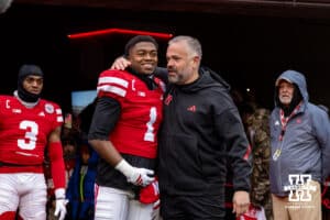 Nebraska Cornhusker head coach Matt Rhule gives defensive back and senior Ceyair Wright (1) a hug on Senior Day during a college football game against the Iowa Hawkeyes on Friday, Nov. 28, 2025, in Lincoln, Nebraska. Photo by John S. Peterson.