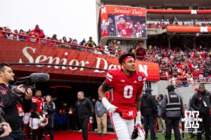Nebraska Cornhusker linebacker and senior Javin Wright (0) is recognized on Senior Day before a college football game against the Iowa Hawkeyes on Friday, Nov. 28, 2025, in Lincoln, Nebraska. Photo by John S. Peterson.