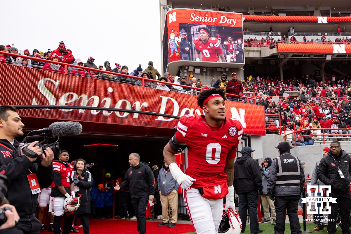 Nebraska Cornhusker linebacker and senior Javin Wright (0) is recognized on Senior Day before a college football game against the Iowa Hawkeyes on Friday, Nov. 28, 2025, in Lincoln, Nebraska. Photo by John S. Peterson.