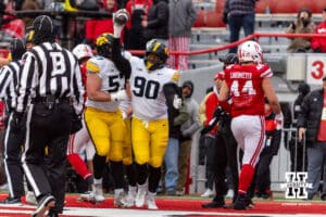 Iowa Hawkeyes celebrate recovering the football against the Nebraska Cornhuskers towrds the end of the fourth quarter during a college football game on Friday, Nov. 28, 2025, in Lincoln, Nebraska. Photo by John S. Peterson.
