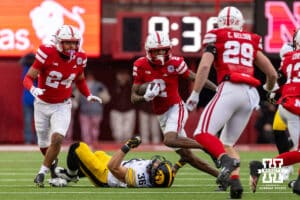 Nebraska Cornhusker wide receiver Jacory Barney Jr. (2) runs with the ball after a catch against the Iowa Hawkeyes during a college football game on Friday, Nov. 28, 2025, in Lincoln, Nebraska. Photo by John S. Peterson.
