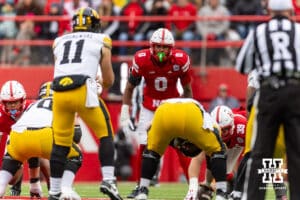Nebraska Cornhusker linebacker Javin Wright (0) lined up against the Iowa Hawkeyes during a college football game on Friday, Nov. 28, 2025, in Lincoln, Nebraska. Photo by John S. Peterson.