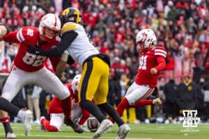 Nebraska Cornhusker kicker Kyle Cunanan (91) makes a field goal against the Iowa Hawkeyes during a college football game on Friday, Nov. 28, 2025, in Lincoln, Nebraska. Photo by John S. Peterson.