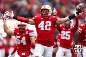 Nebraska Cornhusker linebacker Derek Wacker (42) celebrates recovering the football on a kickoff muffed by the Iowa Hawkeyes in the first quarter during a college football game on Friday, Nov. 28, 2025, in Lincoln, Nebraska. Photo by John S. Peterson.