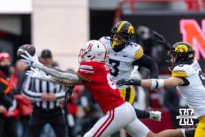 Nebraska Cornhusker wide receiver Dane Key (6) reaches for the pass against the Iowa Hawkeyes during a college football game on Friday, Nov. 28, 2025, in Lincoln, Nebraska. Photo by John S. Peterson.