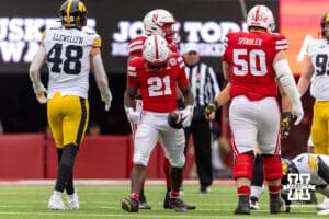 Nebraska Cornhusker running back Emmett Johnson (21) celebrates a run in the first quarter against the Iowa Hawkeyes during a college football game on Friday, Nov. 28, 2025, in Lincoln, Nebraska. Photo by John S. Peterson.
