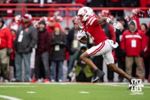 Nebraska Cornhusker wide receiver Jacory Barney Jr. (2) returns the kickoff from the Iowa Hawkeyes to start the game during a college football game on Friday, Nov. 28, 2025, in Lincoln, Nebraska. Photo by John S. Peterson.