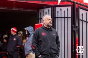 Nebraska Cornhusker head coach Matt Rhule waiting for Senior Day festivities to begin before taking on the Iowa Hawkeyes during a college football game on Friday, Nov. 28, 2025, in Lincoln, Nebraska. Photo by John S. Peterson.