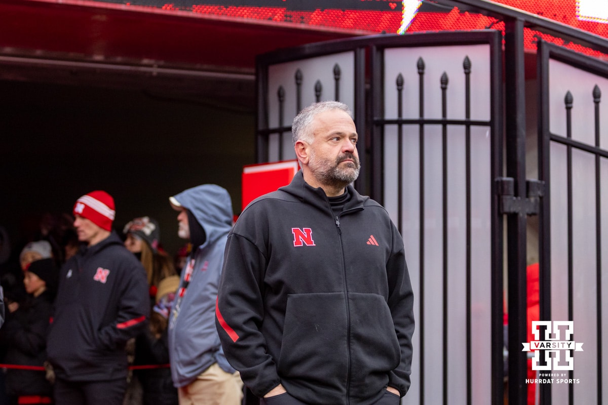 Nebraska Cornhusker head coach Matt Rhule waiting for Senior Day festivities to begin before taking on the Iowa Hawkeyes during a college football game on Friday, Nov. 28, 2025, in Lincoln, Nebraska. Photo by John S. Peterson.