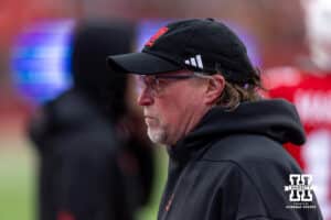 Nebraska Cornhuskers offensive coordinator Dana Holgorsen watching warm ups before taking on the Iowa Hawkeyes during a college football game on Friday, Nov. 28, 2025, in Lincoln, Nebraska. Photo by John S. Peterson.