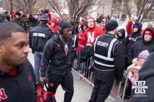 Nebraska Cornhusker running back Emmett Johnson (21) arrives a the stadium before taking on the Iowa Hawkeyes during a college football game on Friday, Nov. 28, 2025, in Lincoln, Nebraska. Photo by John S. Peterson.
