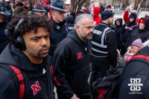 Nebraska Cornhusker head coach Matt Rhule arrives at the stadium before taking on the Iowa Hawkeyes during a college football game on Friday, Nov. 28, 2025, in Lincoln, Nebraska. Photo by John S. Peterson.