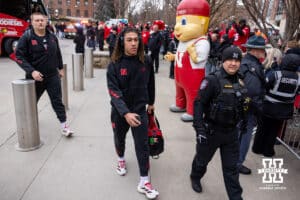 Nebraska Cornhusker quarterback TJ Lateef (14) arrives at the stadium before taking on the Iowa Hawkeyes during a college football game on Friday, Nov. 28, 2025, in Lincoln, Nebraska. Photo by John S. Peterson.