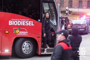 Nebraska Cornhusker quarterback TJ Lateef (14) steps off the bus arriving at the stadium to take on the Iowa Hawkeyes during a college football game on Friday, Nov. 28, 2025, in Lincoln, Nebraska. Photo by John S. Peterson.