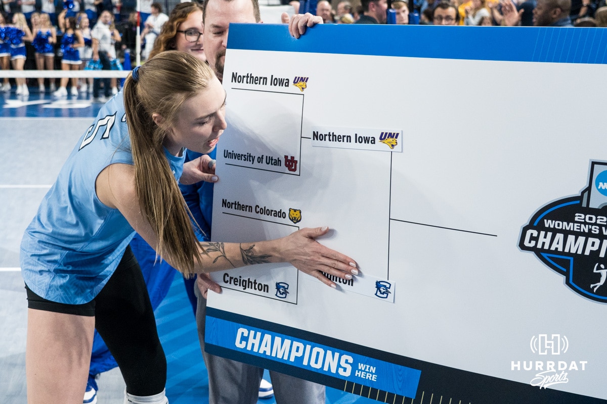 Creighton Bluejay Kiara Reinhardt (5) slaps the bracket during a volleyball match game against Northern Colorado on Thursday, Dec 4, 2025, in Omaha, Nebraska. Photo by Brandon Tiedemann.