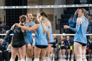 Creighton Bluejays celebrate a point during a volleyball match game against Northern Colorado on Thursday, Dec 4, 2025, in Omaha, Nebraska. Photo by Brandon Tiedemann.
