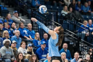 Creighton Bluejay Abbey Hayes (2) saves the ball during a volleyball match game against Northern Colorado on Thursday, Dec 4, 2025, in Omaha, Nebraska. Photo by Brandon Tiedemann.
