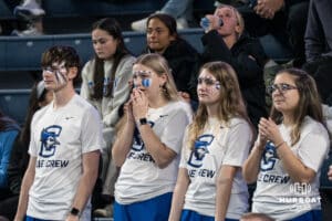 Creighton Bluejay fans stand worried during a volleyball match game against Northern Colorado on Thursday, Dec 4, 2025, in Omaha, Nebraska. Photo by Brandon Tiedemann.