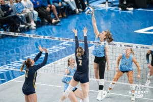 Creighton Bluejay Kiara Reinhardt (5) jumps for the ball during a volleyball match game against Northern Colorado on Thursday, Dec 4, 2025, in Omaha, Nebraska. Photo by Brandon Tiedemann.
